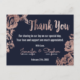Navy Blue en Roos Gold Floral Dank u Briefkaart