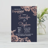 Navy Blue en Roos Gold Floral Engagement Party Kaart (Staand voorkant)