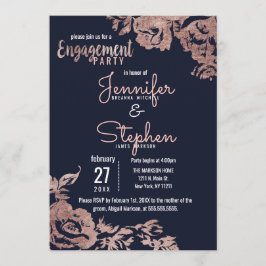 Navy Blue en Roos Gold Floral Engagement Party Kaart