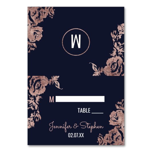 Navy Blue en Roos Gold Floral Place Cards Kaart (Voorkant)