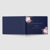 Navy Blue en Roos Gold Floral Quinceanera Guestboo Gastenboek (Volledig)
