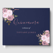 Navy Blue en Roos Gold Floral Quinceanera Guestboo Gastenboek (Voorkant)