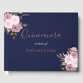 Navy Blue en Roos Gold Floral Quinceanera Guestboo Gastenboek
