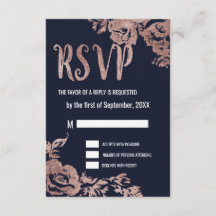 Navy Blue en Roos Gold Floral RSVP-kaarten