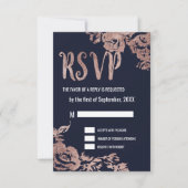 Navy Blue en Roos Gold Floral RSVP-kaarten RSVP Kaartje (Voorkant)