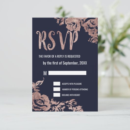 Navy Blue en Roos Gold Floral RSVP-kaarten RSVP Kaartje (Staand voorkant)