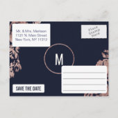 Navy Blue en Roos Gold Floral Save the Date Aankondigingskaart (Achterkant)