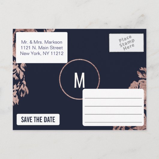 Navy Blue en Roos Gold Floral Save the Date Aankondigingskaart (Achterkant)