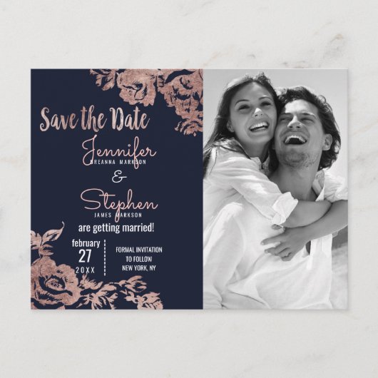 Navy Blue en Roos Gold Floral Save the Date Aankondigingskaart (Voorkant)