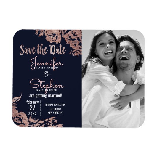 Navy Blue en Roos Gold Floral Save the Date Magneet (Horizontaal)