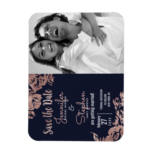 Navy Blue en Roos Gold Floral Save the Date Magneet (Verticaal)