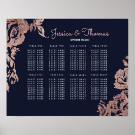 Navy Blue en Roos Gold Floral Seating Chart Poster