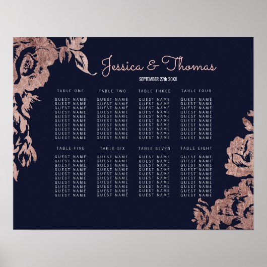 Navy Blue en Roos Gold Floral Seating Chart Poster (Voorkant)