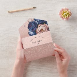 Navy Blue en Roos Gold Floral Wedding All In One Uitnodiging