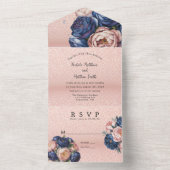 Navy Blue en Roos Gold Floral Wedding All In One Uitnodiging (Binnen)