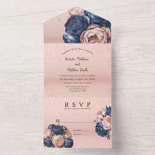 Navy Blue en Roos Gold Floral Wedding All In One Uitnodiging (Binnen)