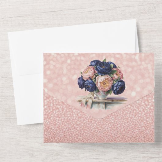 Navy Blue en Roos Gold Floral Wedding All In One Uitnodiging (Achterkant)