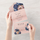 Navy Blue en Roos Gold Floral Wedding All In One Uitnodiging (Afscheurbaar)