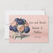 Navy Blue en Roos Gold Floral Wedding Bedankkaart (Voorkant)
