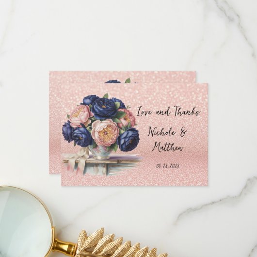 Navy Blue en Roos Gold Floral Wedding Bedankkaart (Voorkant / Achterkant in situ)