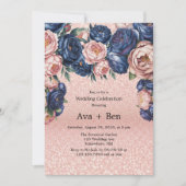 Navy Blue en Roos Gold Floral Wedding Celebration Kaart (Voorkant)