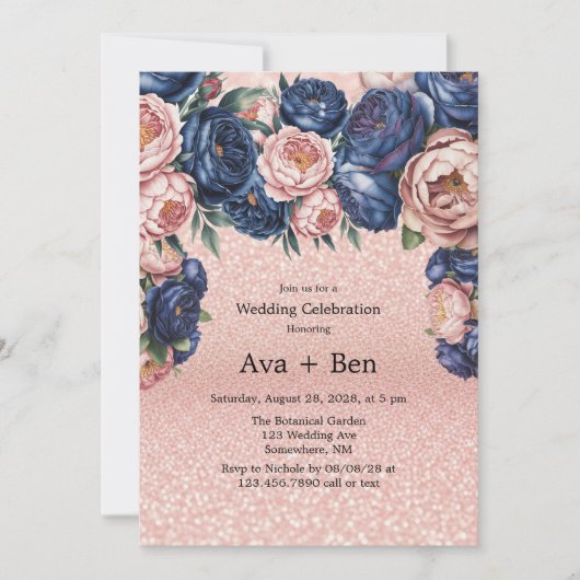 Navy Blue en Roos Gold Floral Wedding Celebration Kaart (Voorkant)