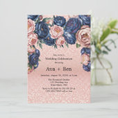 Navy Blue en Roos Gold Floral Wedding Celebration Kaart (Staand voorkant)