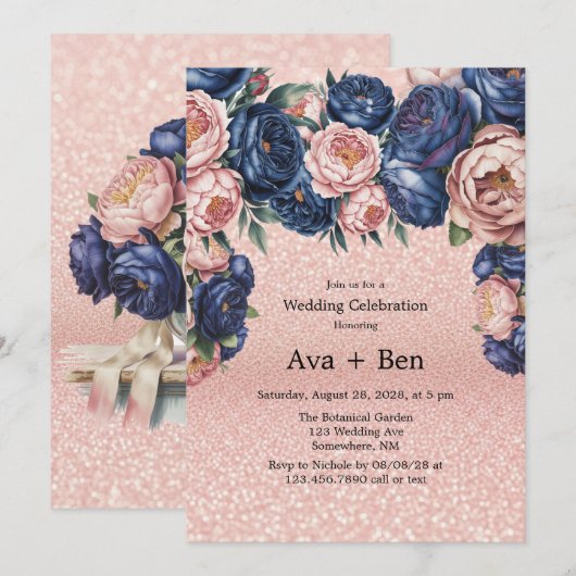 Navy Blue en Roos Gold Floral Wedding Celebration Kaart (Voorkant / Achterkant)