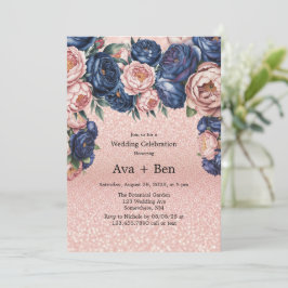 Navy Blue en Roos Gold Floral Wedding Celebration Kaart