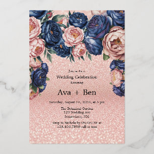 Navy Blue en Roos Gold Floral Wedding Folie Uitnodiging