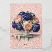 Navy Blue en Roos Gold Floral Wedding Folie Uitnodiging (Achterkant)