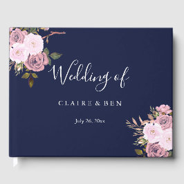 Navy Blue en Roos Gold Floral Wedding Guestbook Gastenboek