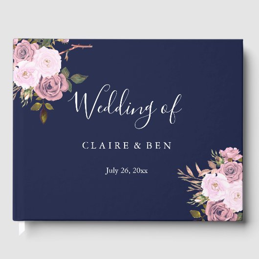 Navy Blue en Roos Gold Floral Wedding Guestbook Gastenboek (Voorkant)