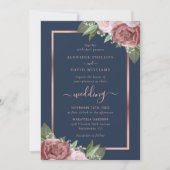 Navy Blue en Roos Gold Floral Wedding Invitations Kaart (Voorkant)