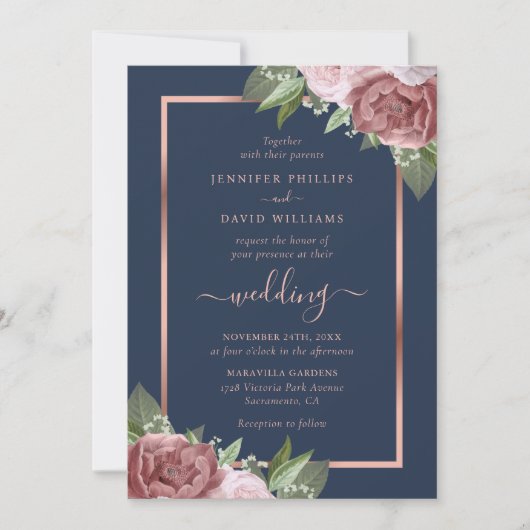 Navy Blue en Roos Gold Floral Wedding Invitations Kaart (Voorkant)