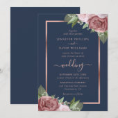 Navy Blue en Roos Gold Floral Wedding Invitations Kaart (Voorkant / Achterkant)