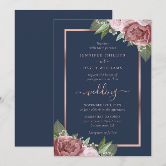 Navy Blue en Roos Gold Floral Wedding Invitations Kaart (Voorkant / Achterkant)