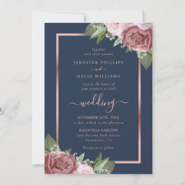 Navy Blue en Roos Gold Floral Wedding Invitations Kaart