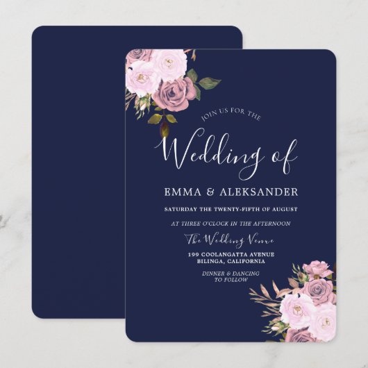 Navy Blue en Roos Gold Floral Wedding Kaart (Voorkant / Achterkant)