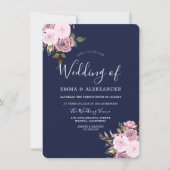 Navy Blue en Roos Gold Floral Wedding Kaart (Voorkant)