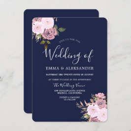 Navy Blue en Roos Gold Floral Wedding Kaart