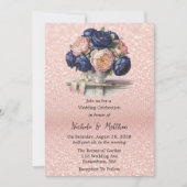 Navy Blue en Roos Gold Floral Wedding Kaart (Voorkant)