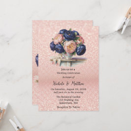 Navy Blue en Roos Gold Floral Wedding Kaart