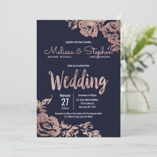 Navy Blue en Roos Gold Floral Wedding Kaart (Staand voorkant)