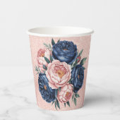 Navy Blue en Roos Gold Floral Wedding Papieren Bekers (Achterkant)