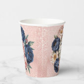 Navy Blue en Roos Gold Floral Wedding Papieren Bekers (Rechts)