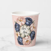 Navy Blue en Roos Gold Floral Wedding Papieren Bekers (Voorkant)