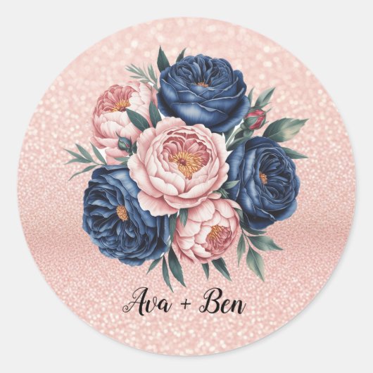 Navy Blue en Roos Gold Floral Wedding Ronde Sticker (Voorkant)