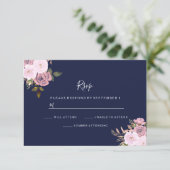 Navy Blue en Roos Gold Floral Wedding RSVP (Staand voorkant)