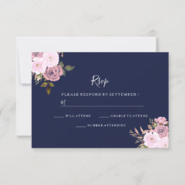 Navy Blue en Roos Gold Floral Wedding RSVP
